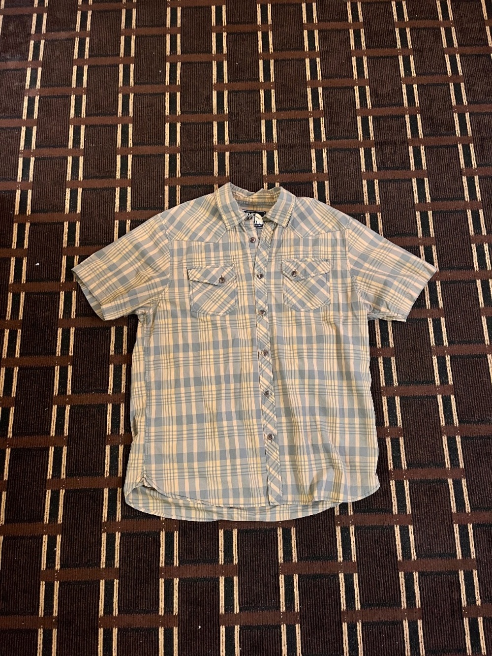 Men’s The North Face Button Up Tshirt Shirt Large L Summer Hiking Tan Gray (309)